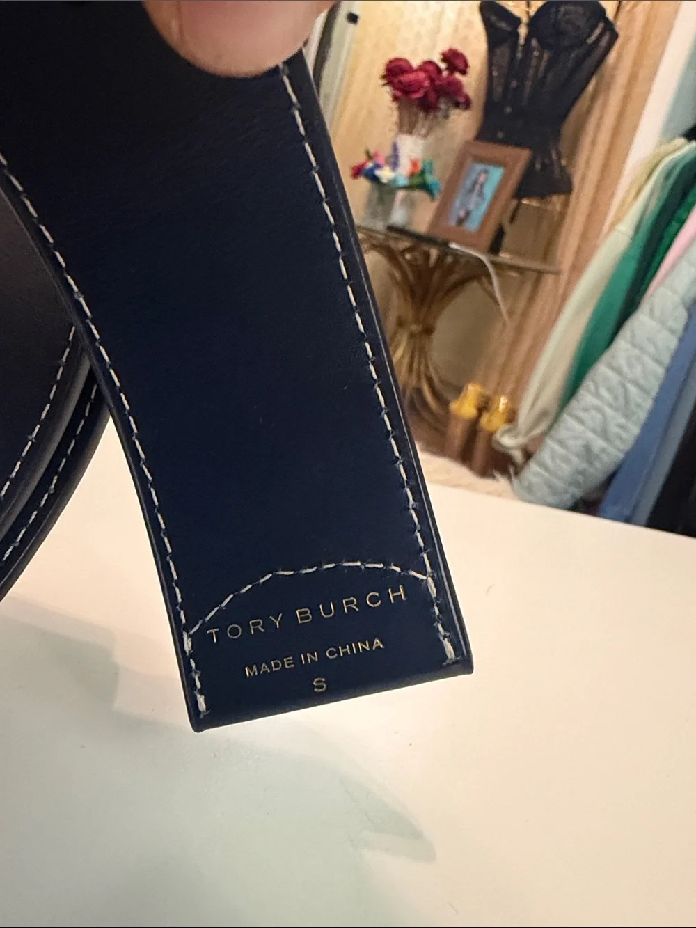 Tory Burch Kira Leather and Canvas Navy Belt with Gold Logo Buckle